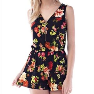 Black Floral Zip Front Romper